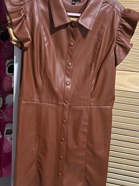 Steve Madden Brown Faux Leather Button-Front Dress